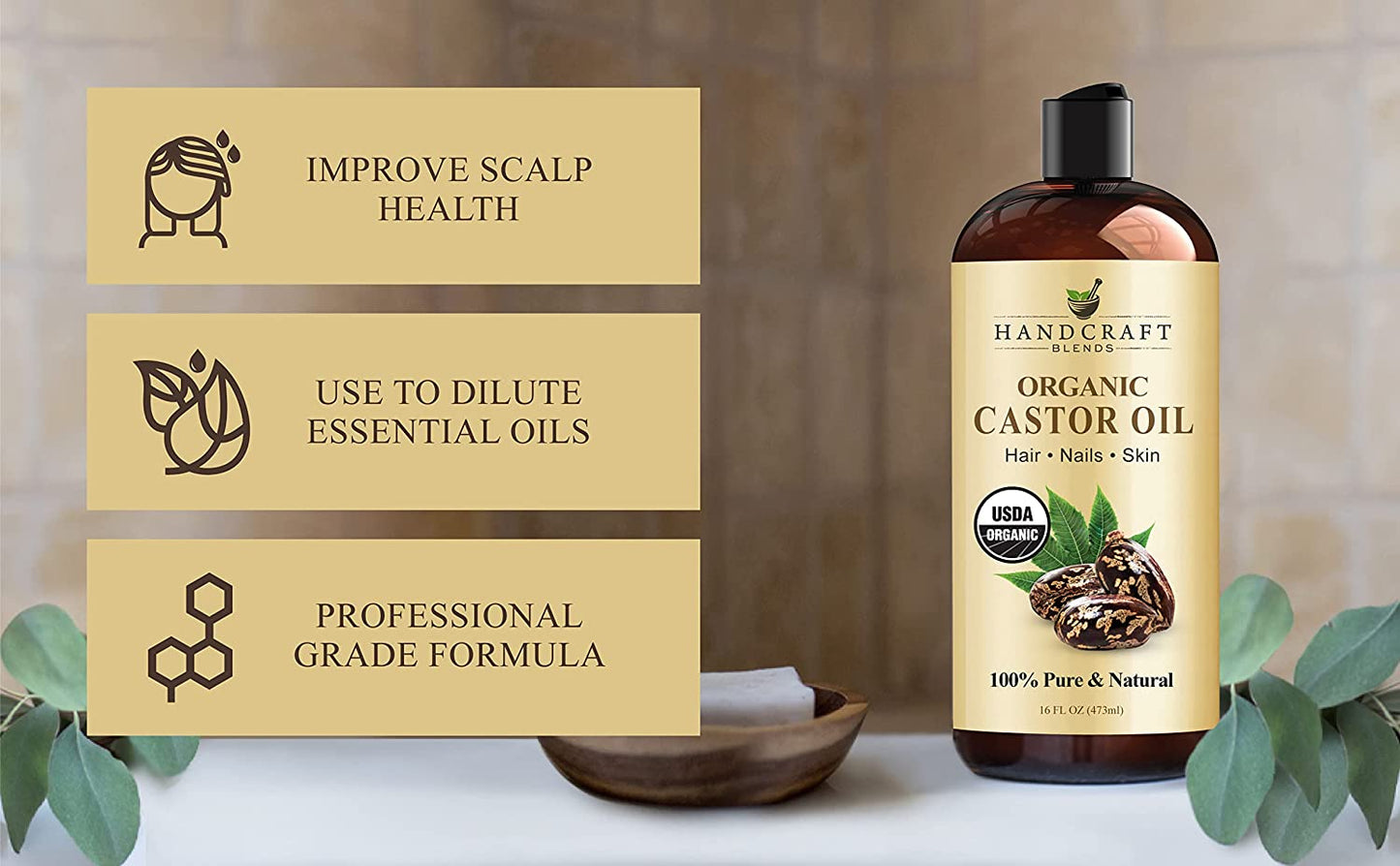 Organic Castor Oil - 16 Fl Oz - 100% Pure and Natural - Premium Grade Carrier Oil for Hair Growth, Eyelashes and Eyebrows - Hair and Body - Expeller-Pressed & Hexane-Free