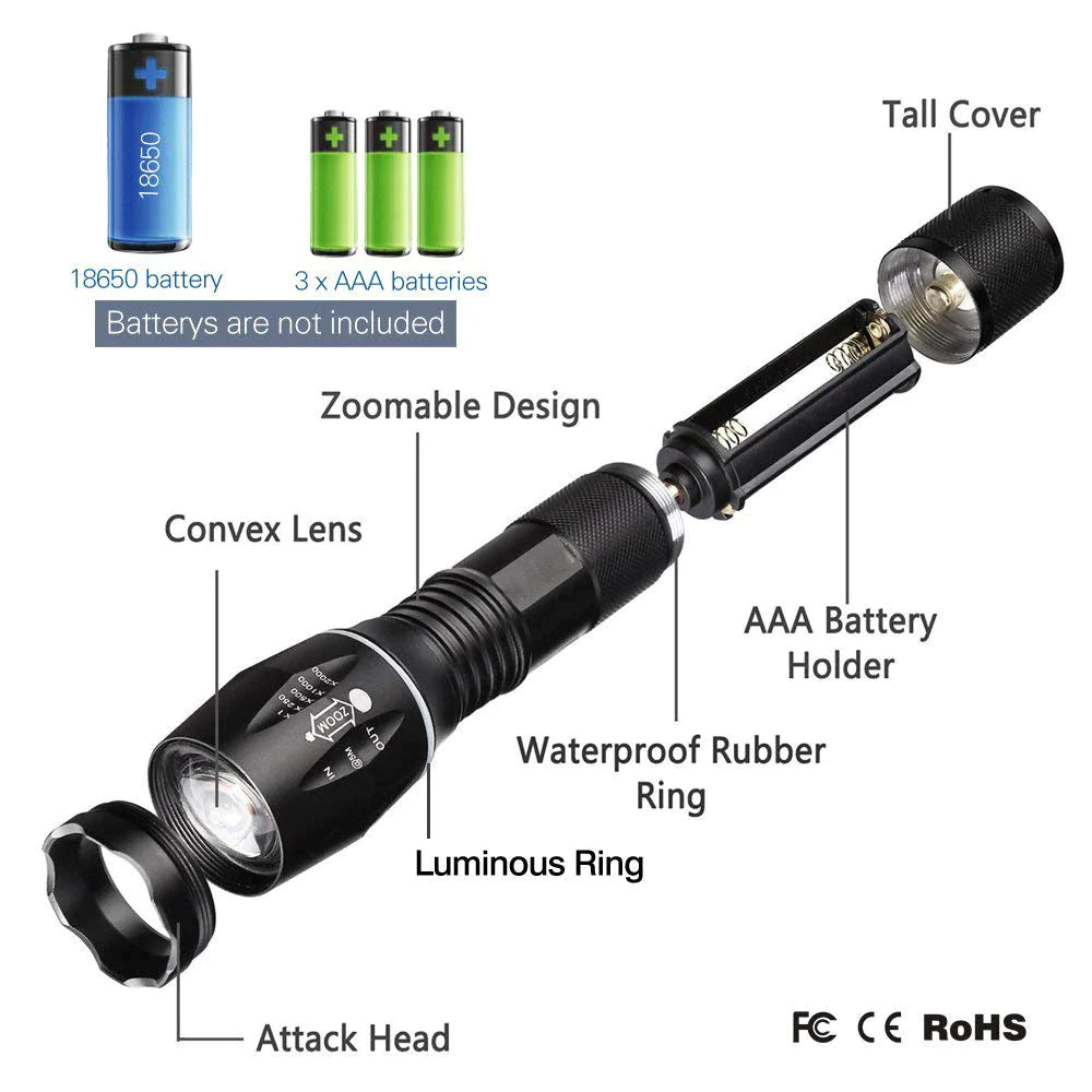 90000LM LED Tactical Flashlight with 5 Modes and Zoom Function