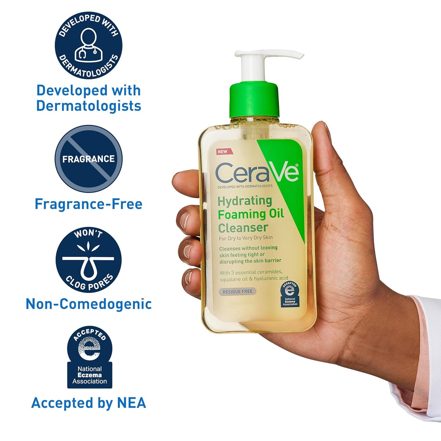 Hydrating Foaming Oil Cleanser, Moisturizing Oil Cleanser for Face & Body, Squalane Oil + Hyaluronic Acid + Ceramides, for Dry to Very Dry Skin, Fragrance Free & Residue Free, 19 FL Oz