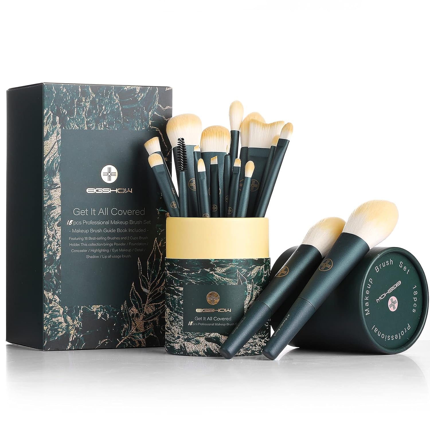 Makeup Brushes 18Pcs Professional Makeup Brush Travel Set with Eco Cylinder 2Cups Holder, Premium Synthetic Foundation Powder Concealer Blush Blending Eye Lip Brush Kit - Cruelty Free