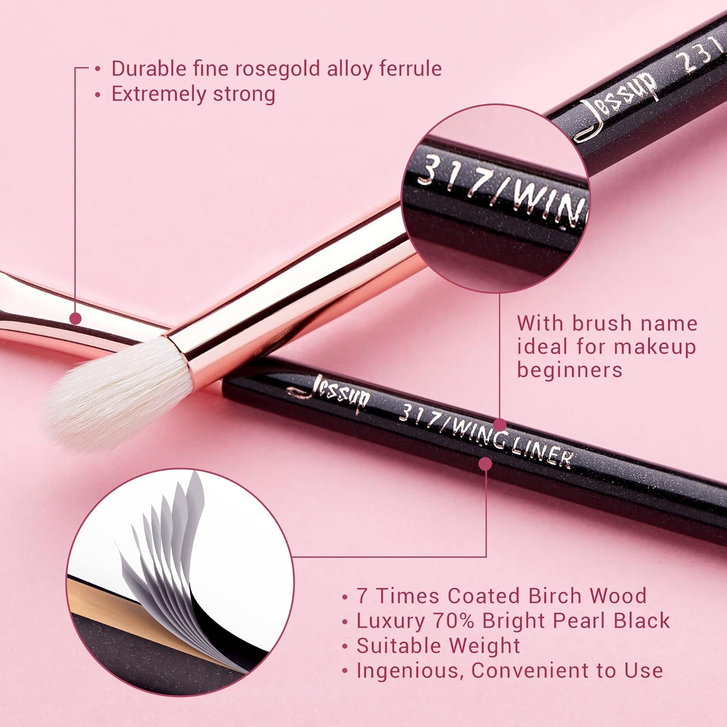 15Pcs Professional Makeup Brushes Set Make up Brush Tools Kit Eye Liner Shader Wood Handle Natural-Synthetic Hair Brushes Pearl Black/Rose Gold T157