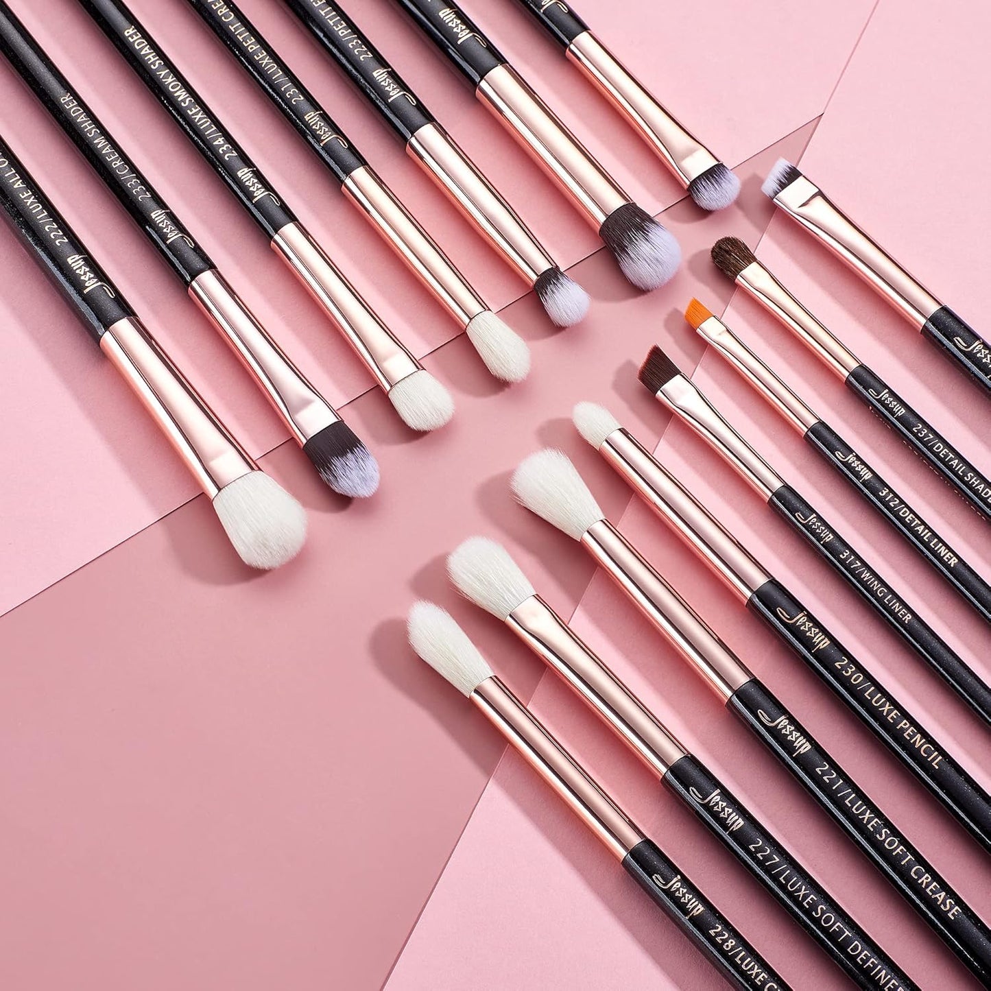 15Pcs Professional Makeup Brushes Set Make up Brush Tools Kit Eye Liner Shader Wood Handle Natural-Synthetic Hair Brushes Pearl Black/Rose Gold T157