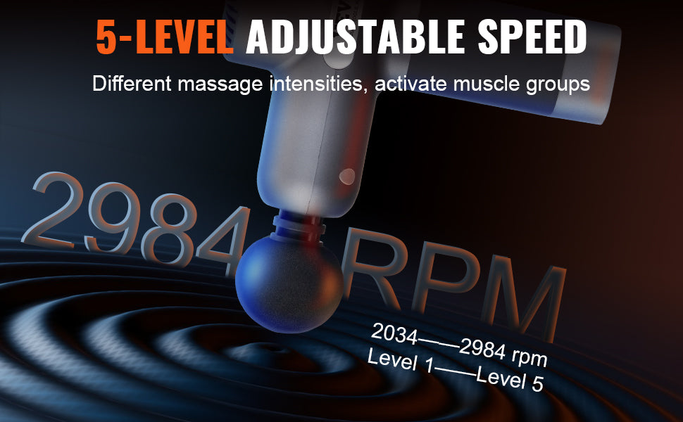 VEVOR Massage Gun Deep Tissue, Percussion Muscle Massager for Athletes - with 5 Speed Levels & 6 Massage Heads, 7.4V 2500Mah Batteries, Handheld Electric Massage Gun for Pain Relief, Muscle Relaxation