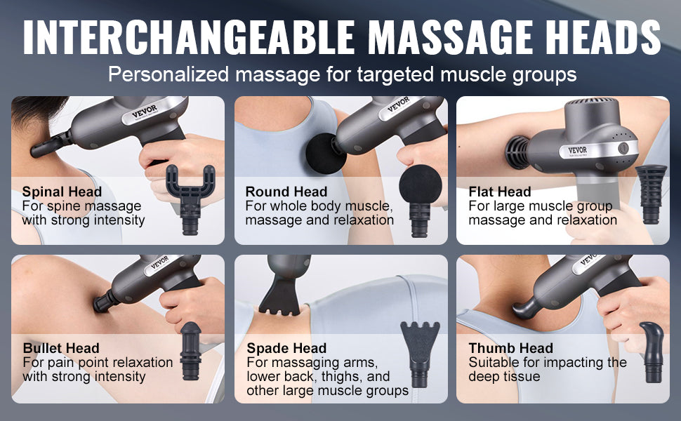 VEVOR Massage Gun Deep Tissue, Percussion Muscle Massager for Athletes - with 5 Speed Levels & 6 Massage Heads, 7.4V 2500Mah Batteries, Handheld Electric Massage Gun for Pain Relief, Muscle Relaxation