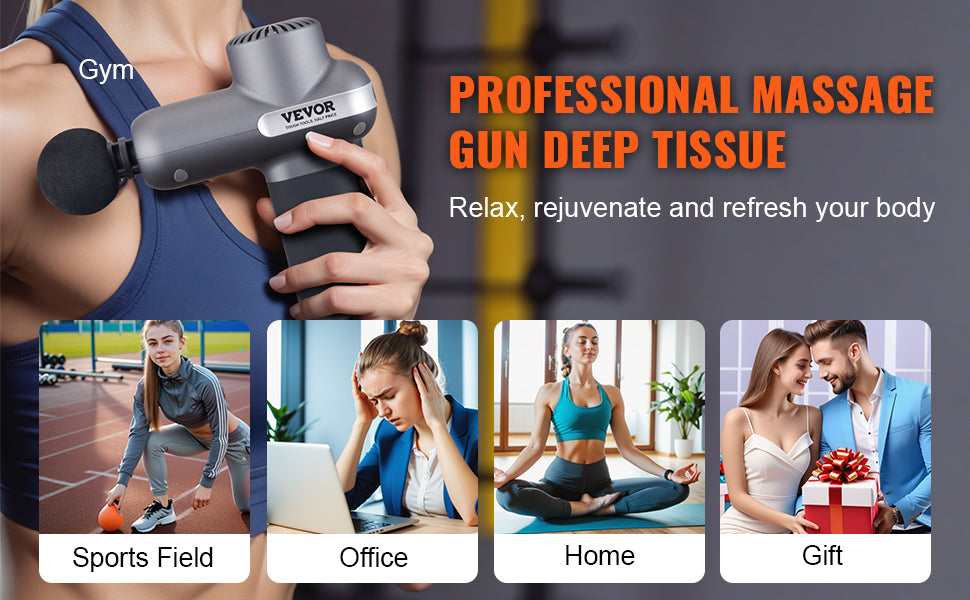 VEVOR Massage Gun Deep Tissue, Percussion Muscle Massager for Athletes - with 5 Speed Levels & 6 Massage Heads, 7.4V 2500Mah Batteries, Handheld Electric Massage Gun for Pain Relief, Muscle Relaxation