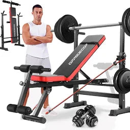 Adjustable Weight Bench Set 6 in 1 Bench Press Workout Bench with Barbell Rack Removable Foot Bracket, Pairs of Resistance Bands for Home Gym Training