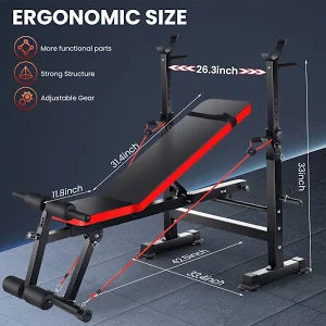 Adjustable Weight Bench Set 6 in 1 Bench Press Workout Bench with Barbell Rack Removable Foot Bracket, Pairs of Resistance Bands for Home Gym Training